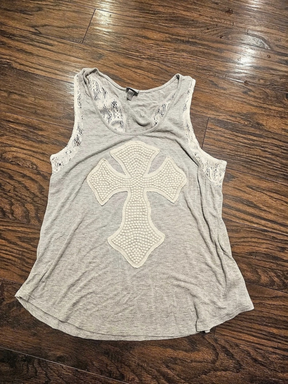 Vanity Lace Side Panel Cross Tank in Gray Size Large
